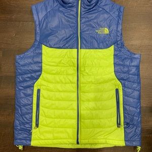 Blue and green NorthFace puffer vest.